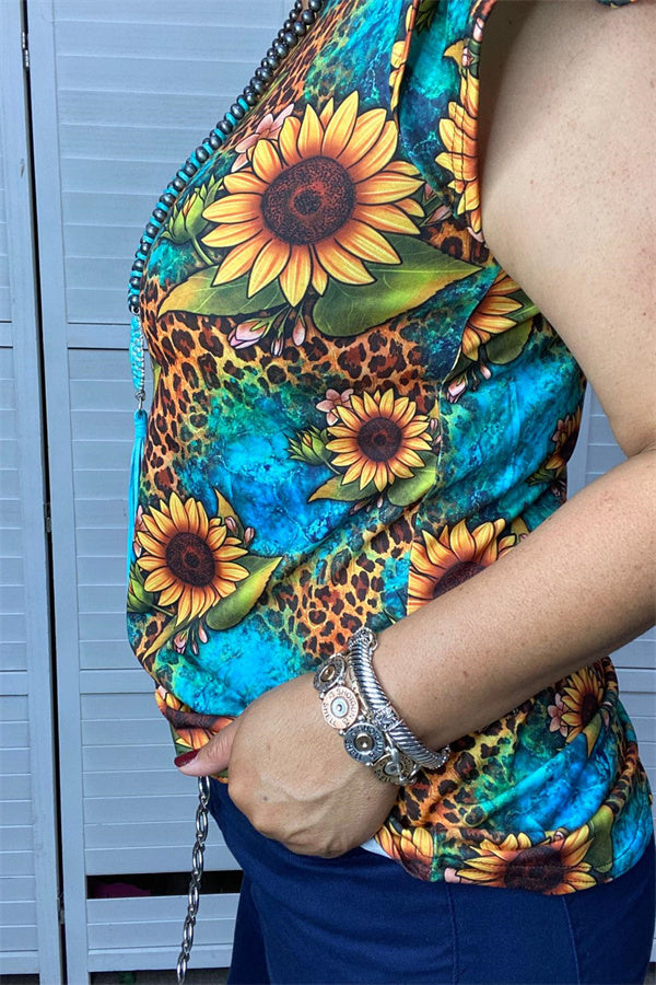 Western women t-shirt w/Leopard & sunflower printed & short sleeves BQ12543 (GS5)