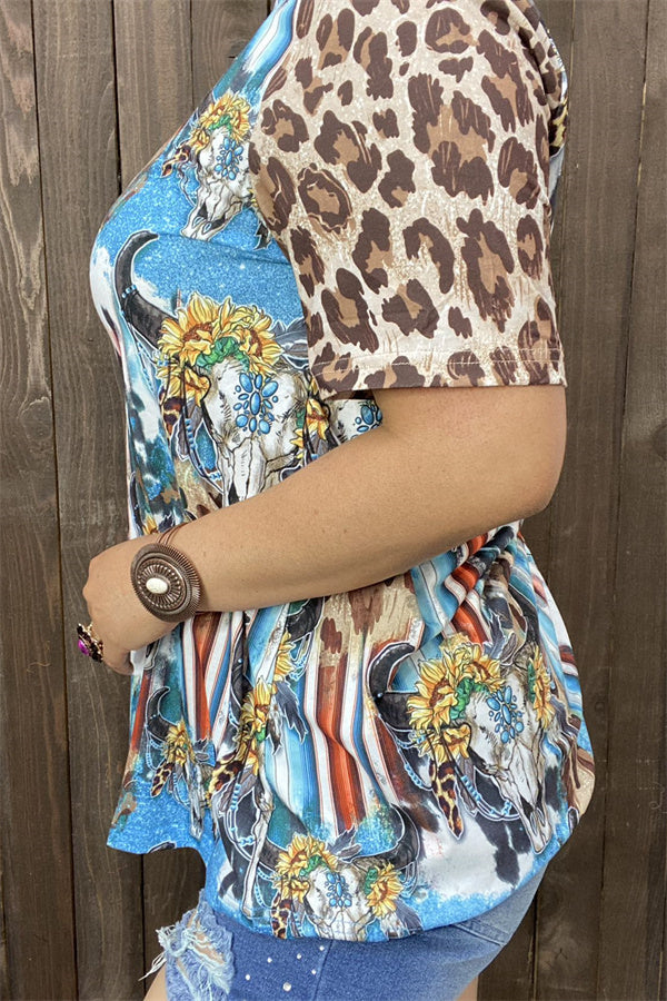 Plus size Bull skull & sunflower printed leopard short sleeve women tops XCH12468 GS11