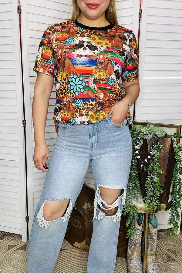 Western women's t-shirt Serape & cow jewels printed w/short sleeve BQ12530 IS19
