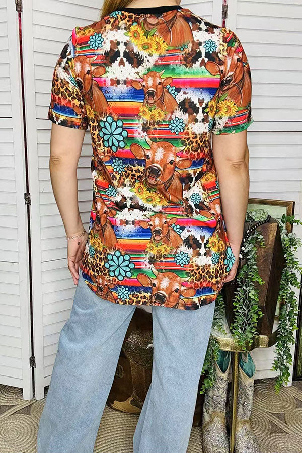 Western women's t-shirt Serape & cow jewels printed w/short sleeve BQ12530 IS19