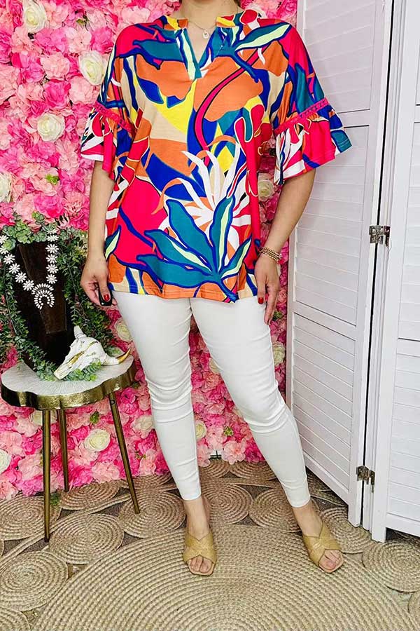 Women's boutique clothing suppliers Multi Color floral & bell sleeve & pink trim tops BQ15684 ES5