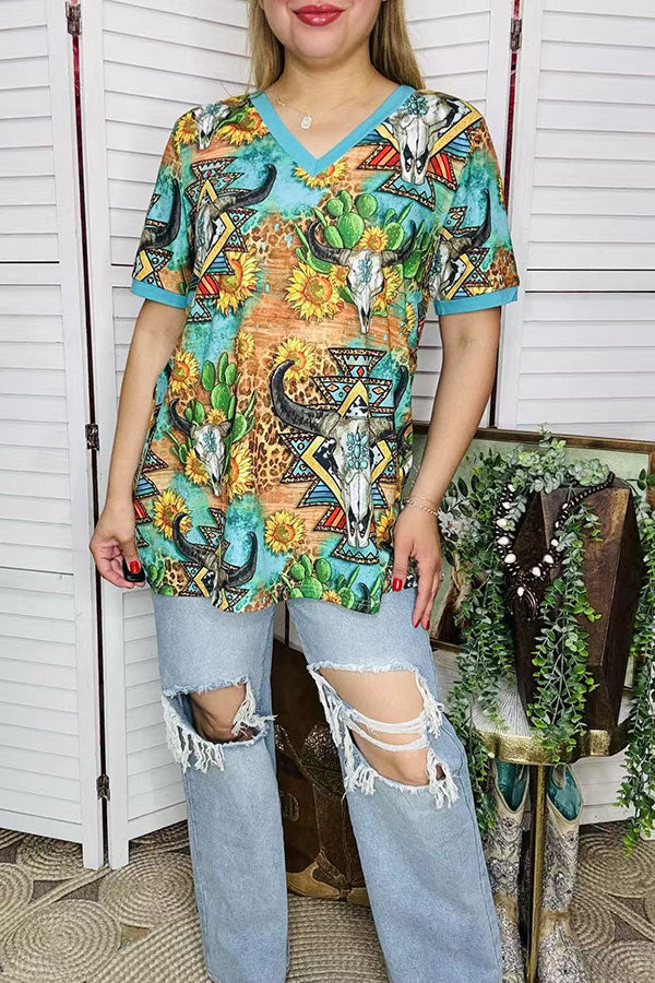 Western women  t-shirt Turquoise bull skull & Aztec printed short sleeve XCH12473 (GS8)