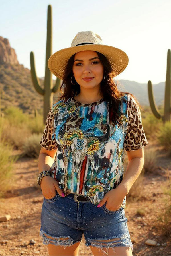 Plus size Bull skull & sunflower printed leopard short sleeve women tops XCH12468 GS11
