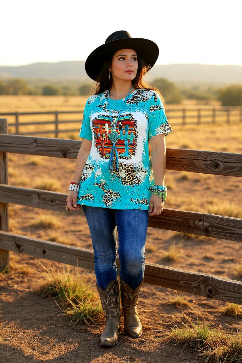 Turquoise leopard serape & cactus printed short sleeve t-shirt XCH12974 GS7
