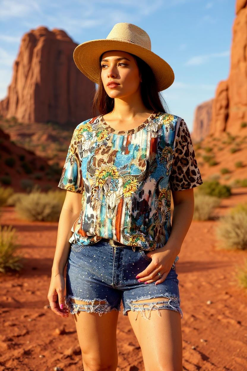 Plus size Bull skull & sunflower printed leopard short sleeve women tops XCH12468 GS11